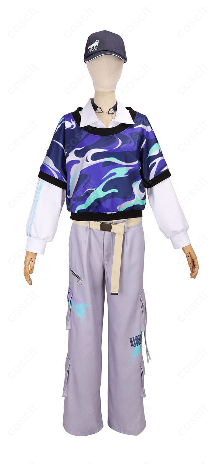 にじさんじ 花籠つばさ デフォルト衣装の正面ディスプレイ。半袖上着・トップス・ズボン・ベルト・チョーカー・帽子の配色とシルエットを確認。