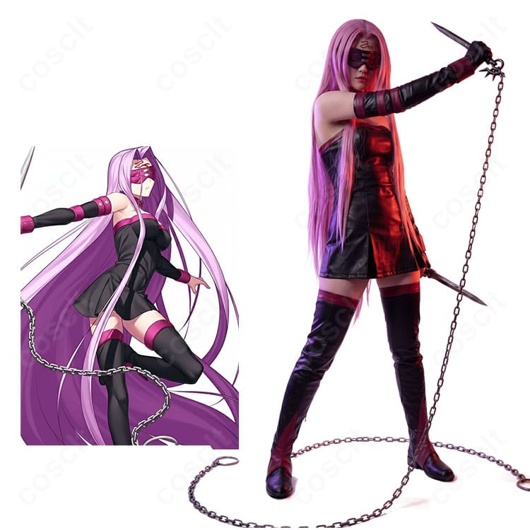 メドゥーサ（ライダー）第一再臨のフルコーデを着用したモデル全身。艶感PUのベアトップと目隠しがクールに映えるカット。