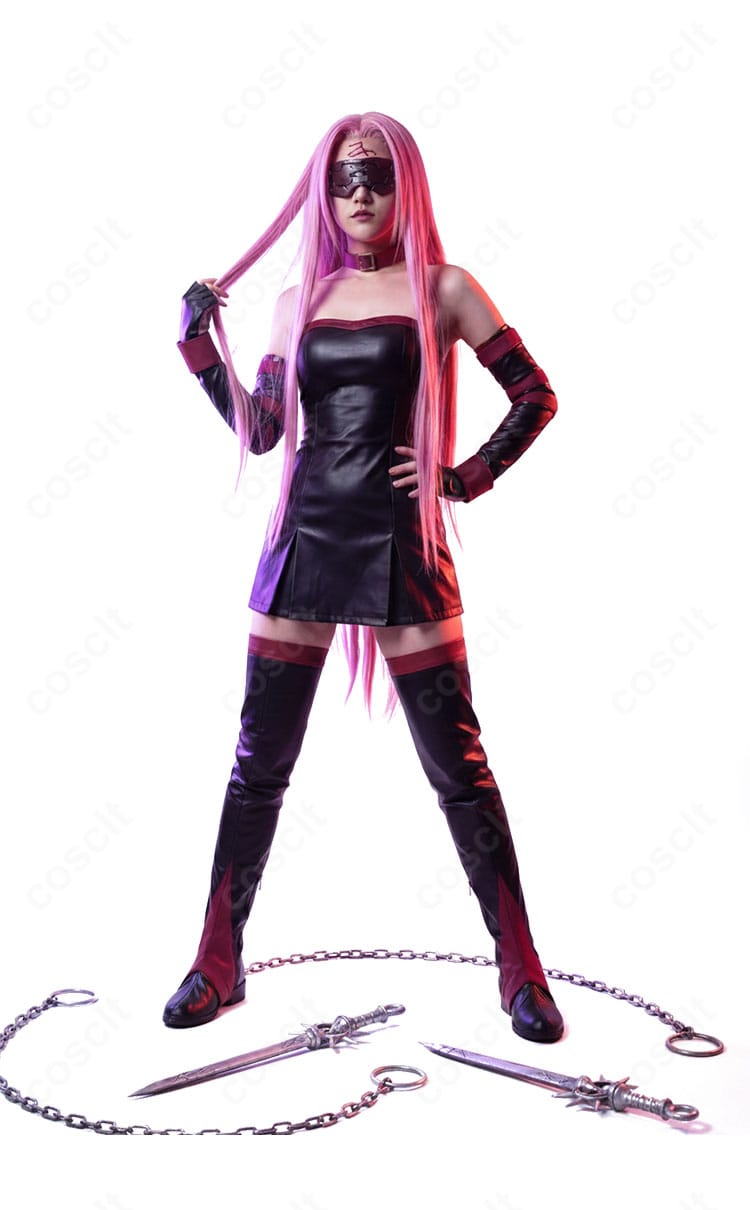 メドゥーサ（ライダー）第一再臨コスの正面全体。ベアトップワンピースとアームカバーのライン、装飾配置が分かる画像。