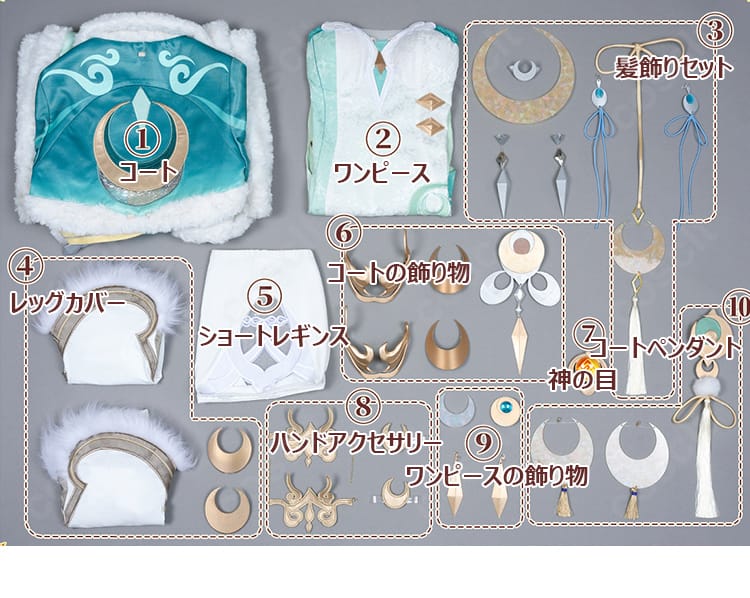 セット内容一式の平置き画像。コート、ワンピース、レギンス、レッグカバー、髪飾り、装飾、神の目を確認可能