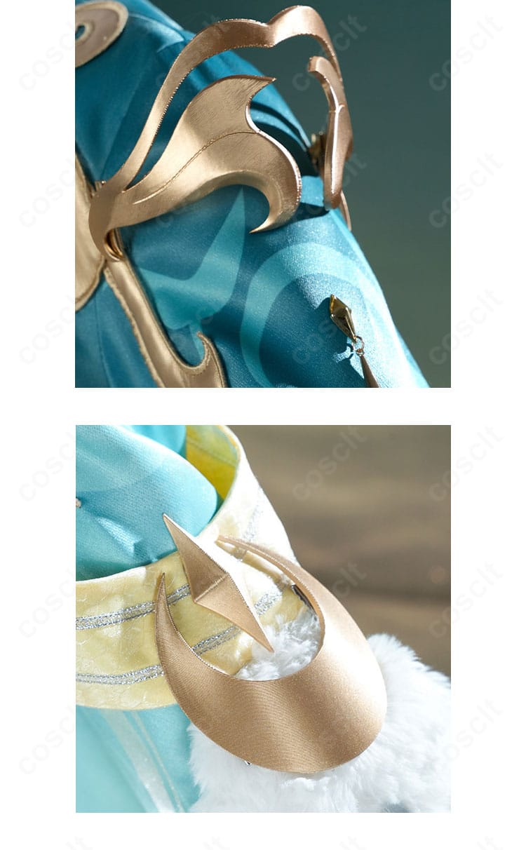 肩・袖の装飾ディテール。合皮の縁取りと刺繍調パーツ、ファーの毛並み表現