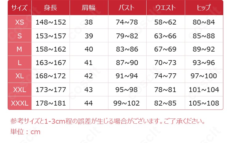サイズ表・寸法ガイド画像。S～XXXLとオーダーメイド対応の測り方解説。