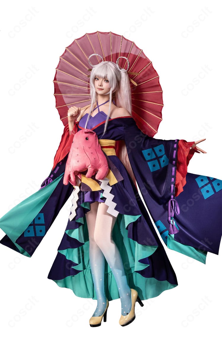 和風ファンタジー紫ドレスの正面全体図（ワンピースと装飾）