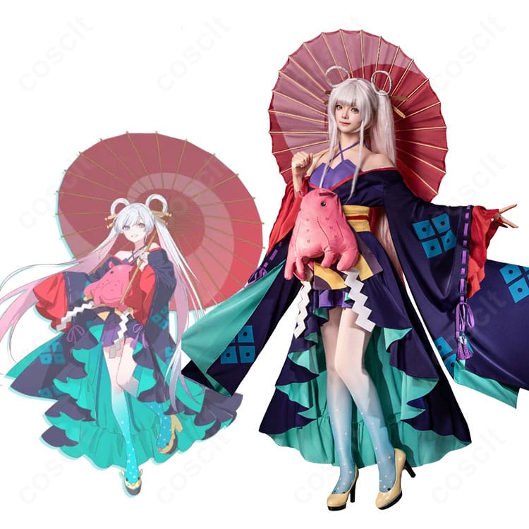 モデル着用の和風ファンタジー紫ドレス一式と小物の全身イメージ