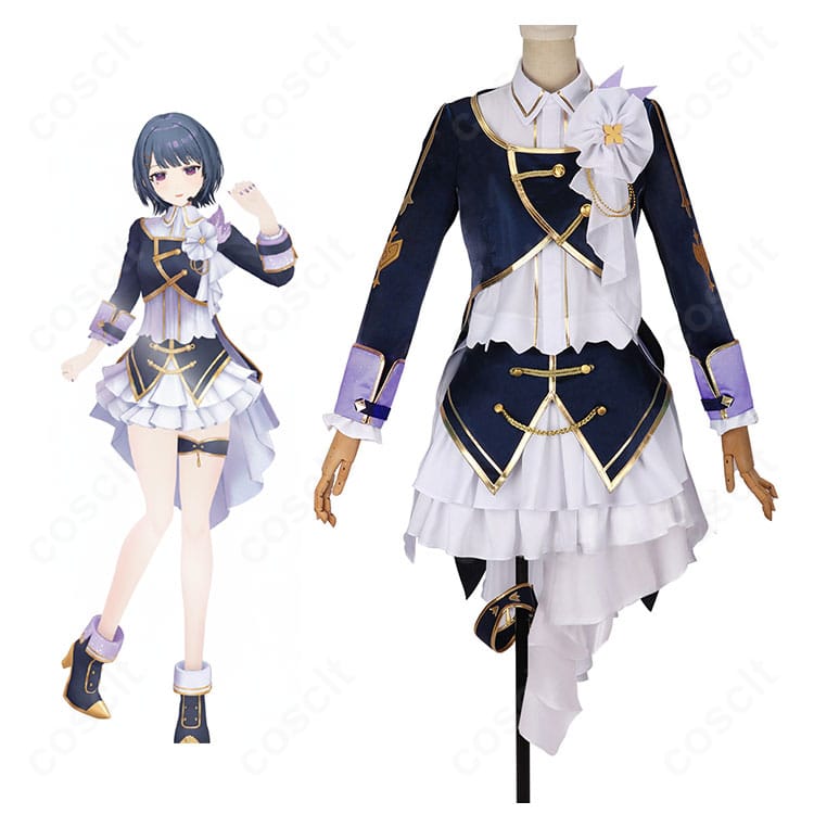 小清水 透 共通衣装を着用したモデル全身。ブレザー・シャツ・スカートと胸飾り・太もも飾りのコーディネート例