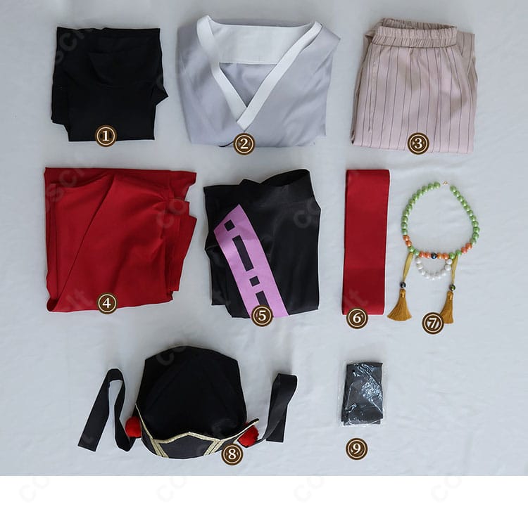 童磨 幼少期コスプレ衣装のサイズ表。S・M・L・XLの寸法目安を一覧で示したガイド画像。