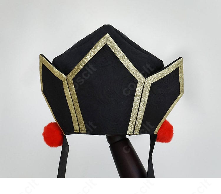 童磨 幼少期コスプレ衣装の帽子装飾ディテール。形状と縁の仕立てを確認できるクローズアップ。