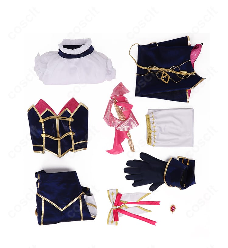 セット内容一式：マント・シャツ・ショートパンツ・ビスチェ・手袋・太もも飾り・靴下・髪飾り