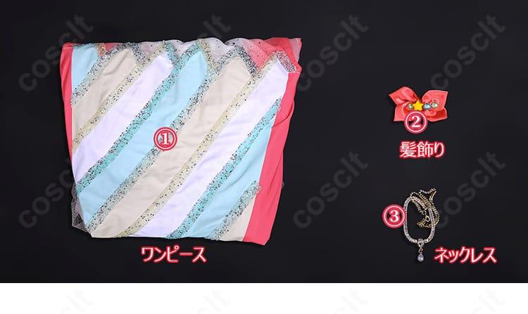 セット内容一式のレイアウト写真。ワンピース、髪飾り、ネックレスの同梱物を確認できる画像。
