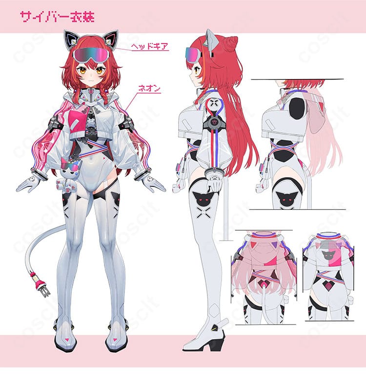 猫汰つな 新衣装(サイバー)コスプレの装飾ディテール近接。直線的なラインとアクセント配色が分かるアップ写真