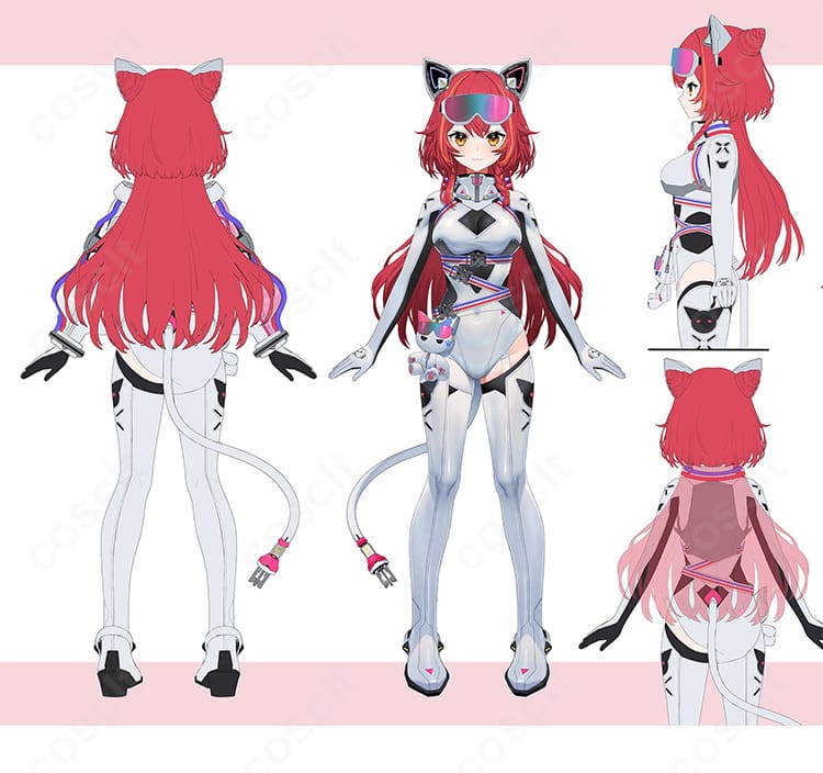 猫汰つな 新衣装(サイバー)コスプレの前後全体像と装飾ディテール。正面・背面のライン配置とシルエットが分かる画像