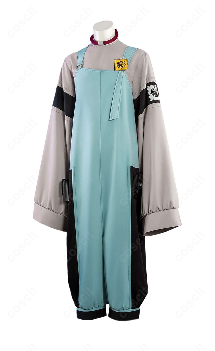 ディア・サンタ衣装の側面ビュー。サロペットのラインとレッグポーチの位置関係を示す画像