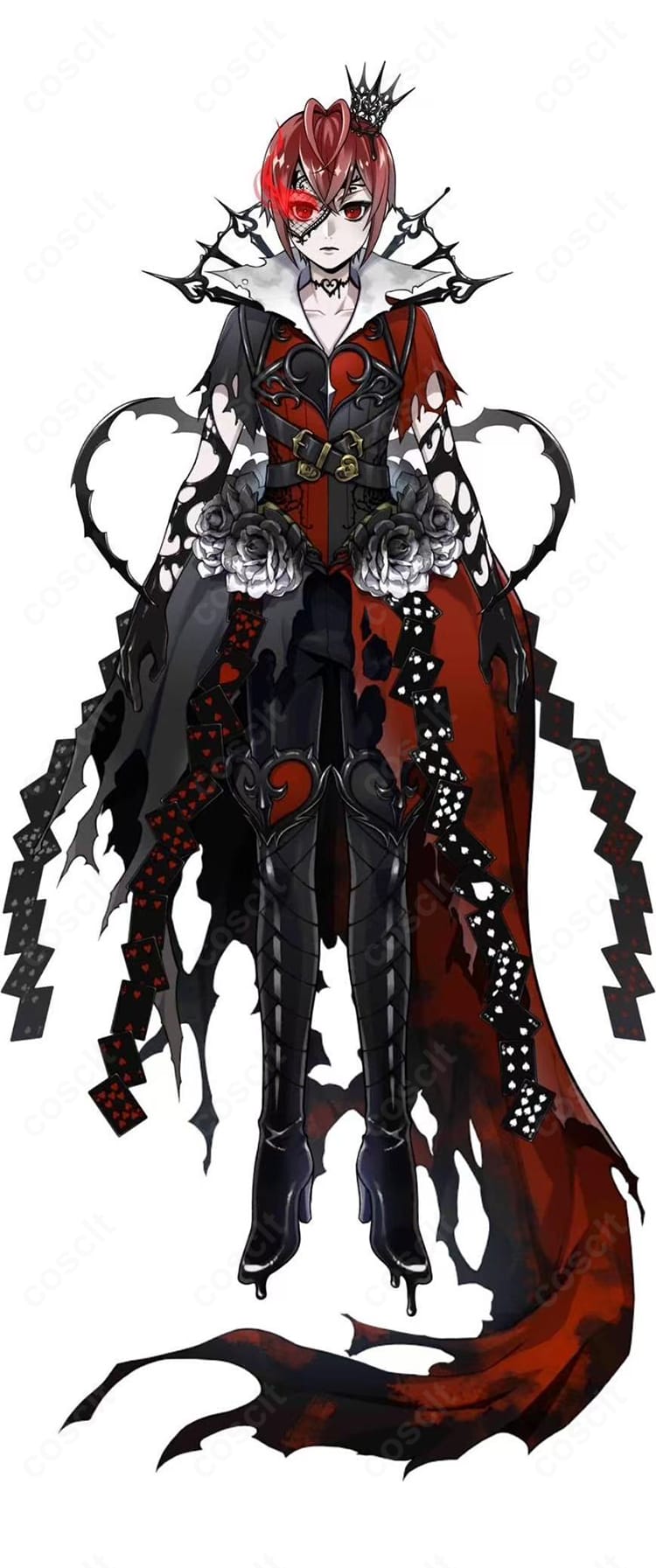 リドル・ローズハート 真紅の暴君(オーバーブロット)コスプレ衣装の全身イメージ写真。ダークでゴージャスなシルエットとハリのある質感が伝わるカット。