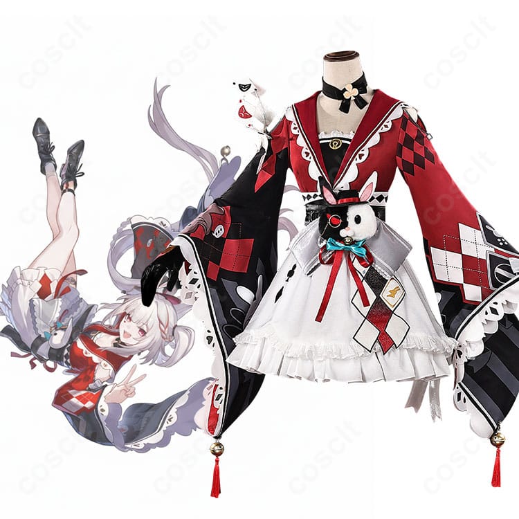 花火(Sparkle)コスプレ一式を着用したモデル全身。仮面の愚者モチーフの配色と装飾がわかる人物写真。