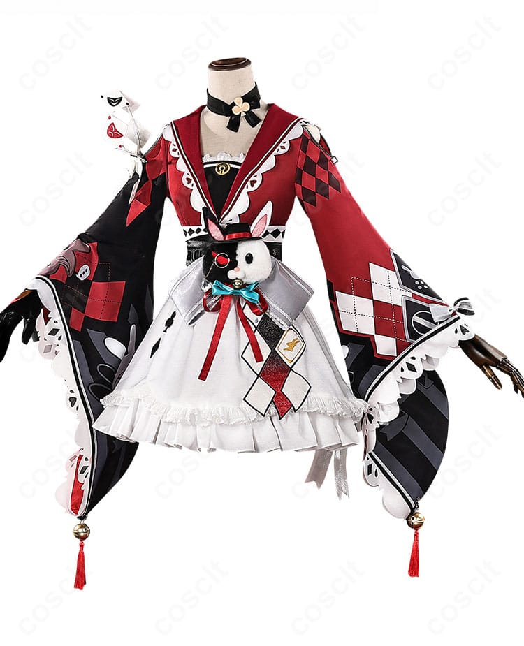 花火コスプレ衣装の正面全景。トップスとスカート、コルセットのシルエットが確認できる画像。