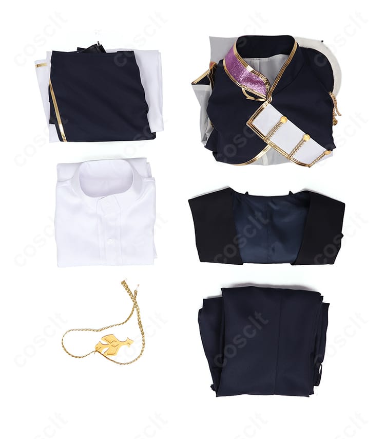 闇ノシュウ CONCERTO共通衣装 6点セット内容一式。ジャケット・ベスト・シャツ・パンツ・腰布・太もも飾りのレイアウト。