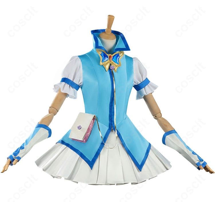 キュアアクア衣装の側面。スカートのハリ感と腰飾りの立体感を確認できる。