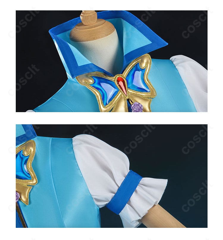 襟元と肩～袖の装飾ディテール。縁取りと配色のコントラストを近接で表現。