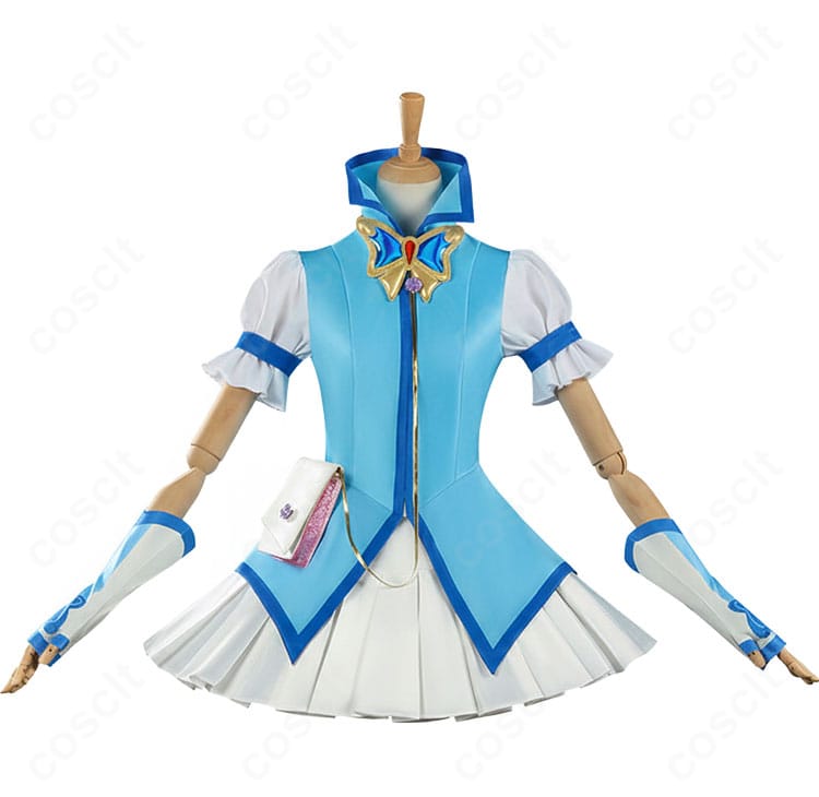 キュアアクア変身衣装の正面全体像。胸飾りとトップスのシルエットが分かるカット。