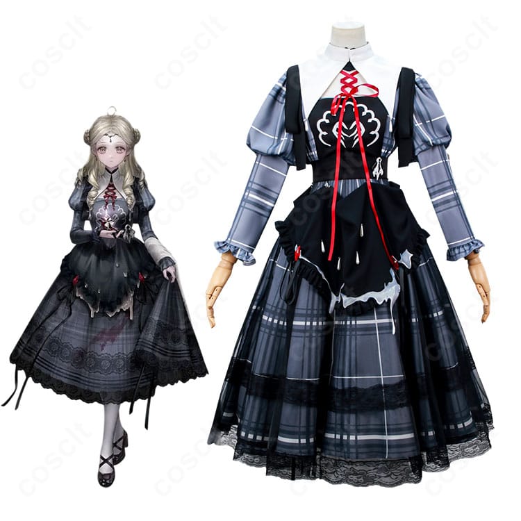 モデルがルミナの温泉旅館制服一式を着用した全身コーデ。和風の落ち着いた色味とコルセットベルトが映える。