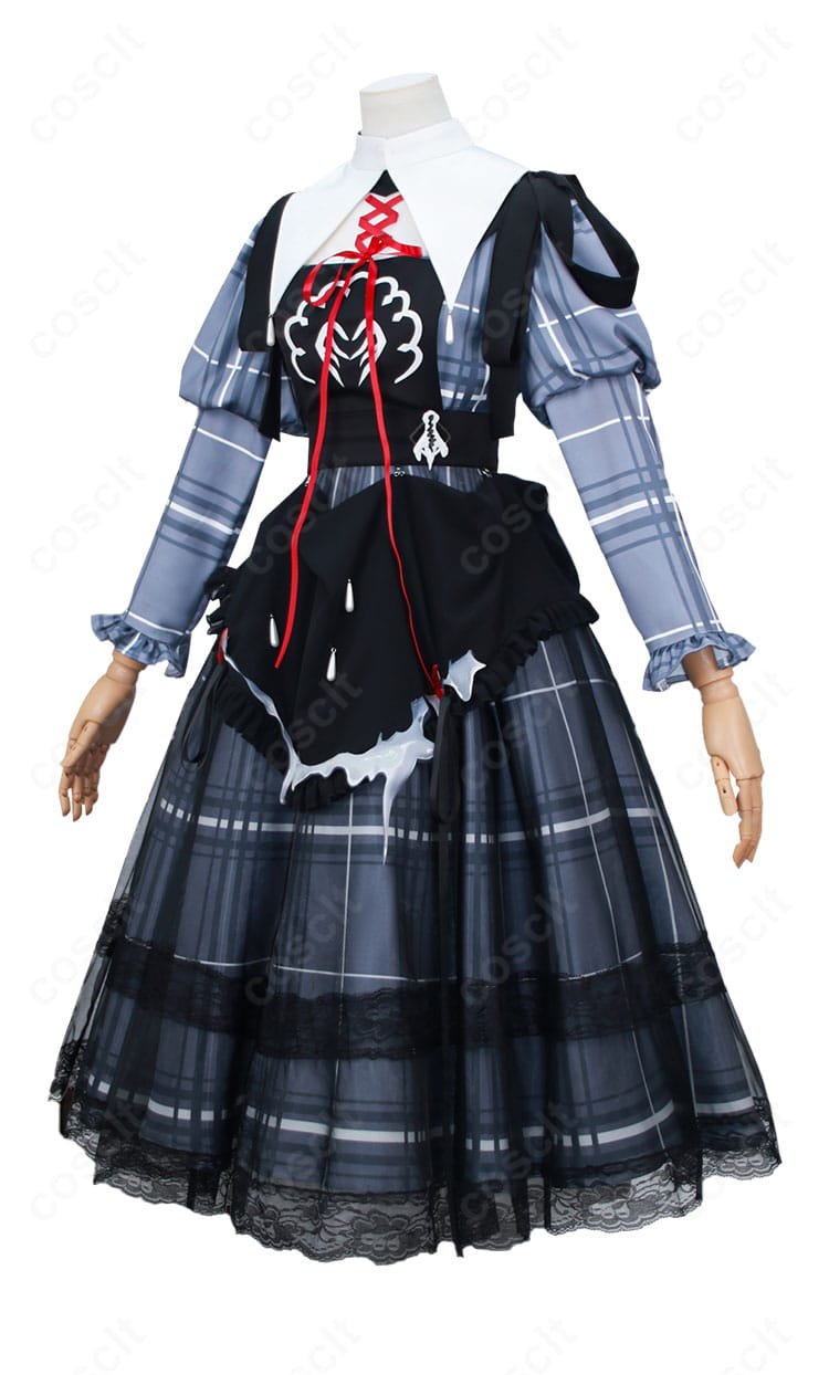 ルミナ 温泉旅館制服の側面。ウエストラインとスカートの広がり、腰飾りの位置関係を確認できる。