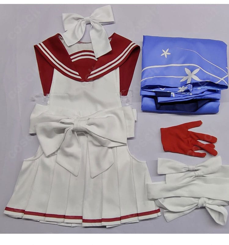 セット内容一式の平置き。羽織、トップス、プリーツスカート、帯、バインドベルト、手袋を並べた構成