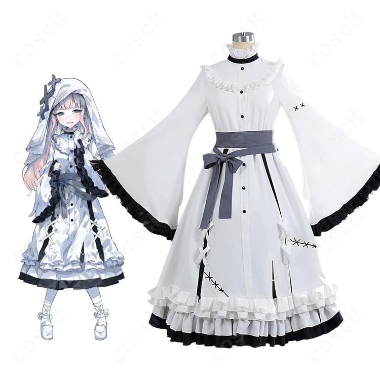 氷上メルル 囚人番号670 シスター服コスプレの全身フロント。ワンピースとベールのシルエットが分かる構図