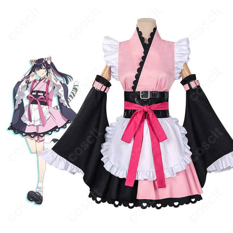 超かぐや姫! 駒沢乃依 コスプレ衣装の全身正面カット(和装メイド・帯とエプロンのコーデ)