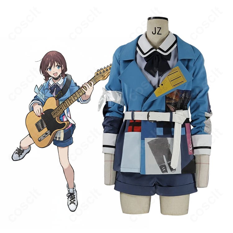 井芹仁菜『運命の華』ステージ衣装フルセット 正面全身カット（ブルーのコートとショートパンツ）