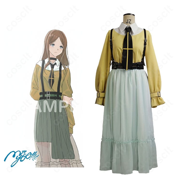 MyGO!!!!!「端程山」ステージ衣装の正面全身。長崎そよ/小日向美香対応、トップスとスカート、ネクタイ・ベルトのコーディネート。