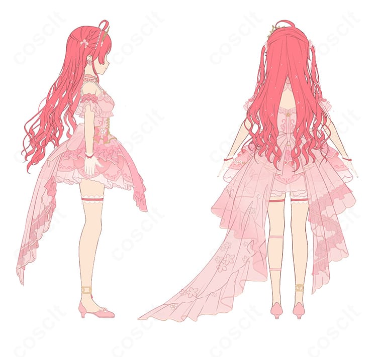 さくらみこ flower fantasista! 衣装の側面・背面ビュー。背面開閉部とスカートの広がり、撮影映えするラインを示すディテール写真。