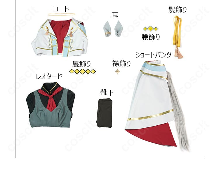 セット内容の平置き一覧。コート、レオタード、ショートパンツ、耳、髪飾り、襟飾り、腰飾り、靴下を確認可能。