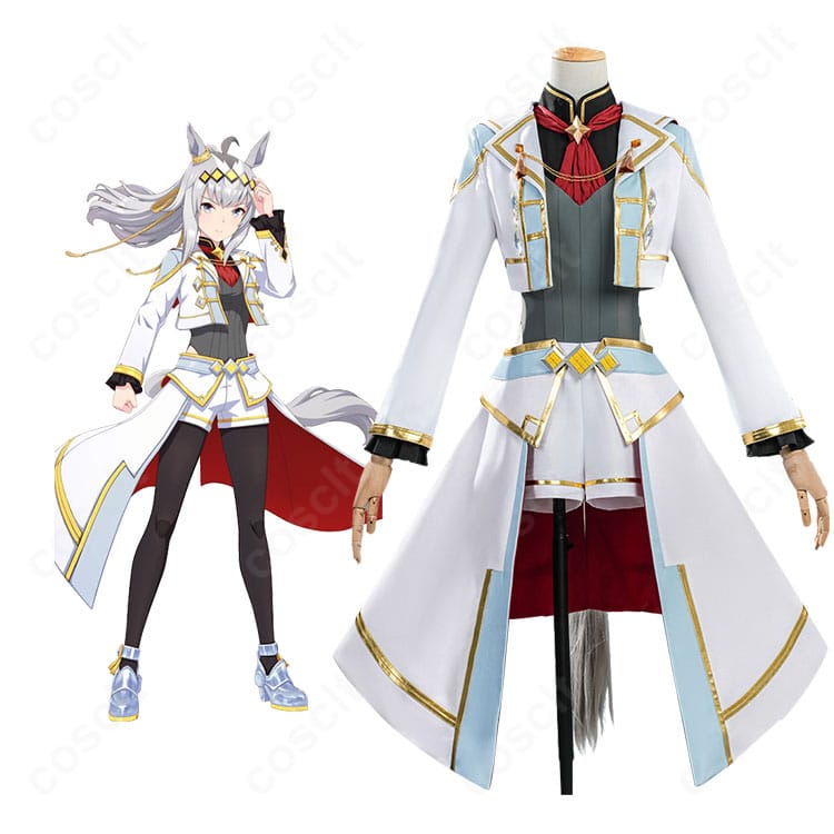 オグリキャップ勝負服〈シンデレラグレイ〉を着用した全身イメージ。コートのハリ感と装飾バランスが分かる商品人物画像。