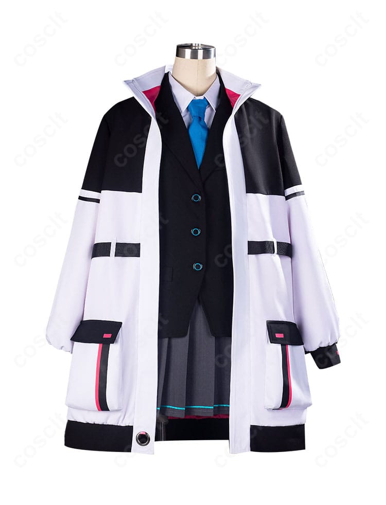 ケイの制服コスプレ前面ディテール。ブレザーのライン、ネクタイ、シャツの襟元がわかる正面カット。