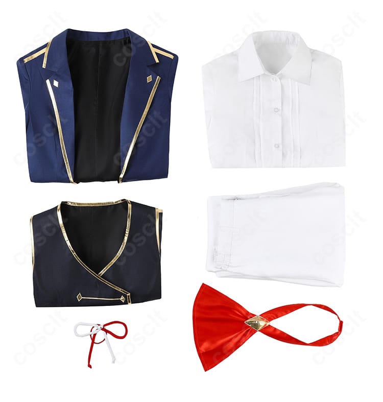 セット内容:コート・ベスト・シャツ・ズボン・スカーフ・髪飾りの6点レイアウト