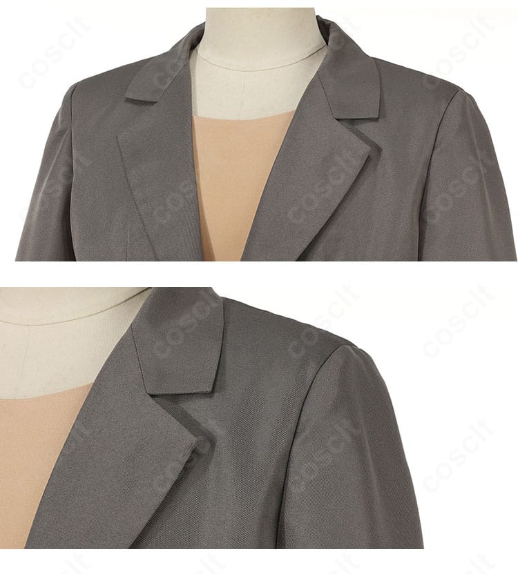 トップスの襟元と装飾ディテール。襟の形状と端正な仕立てで作品イメージを再現