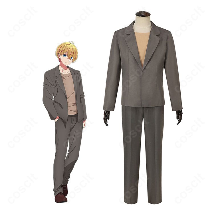 星野アクアの学園制服コスプレを着用した全身イメージ。ブレザーコートとパンツでクールな雰囲気を再現