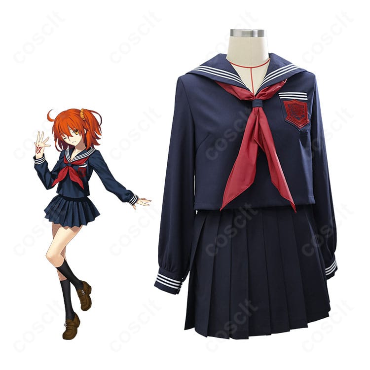 藤丸立香（ぐだ子）の魔術礼装「月の裏側の記憶」セーラー服を着用した全身イメージ。ネイビートップスと赤スカーフ、プリーツスカートのコーデが確認できます。