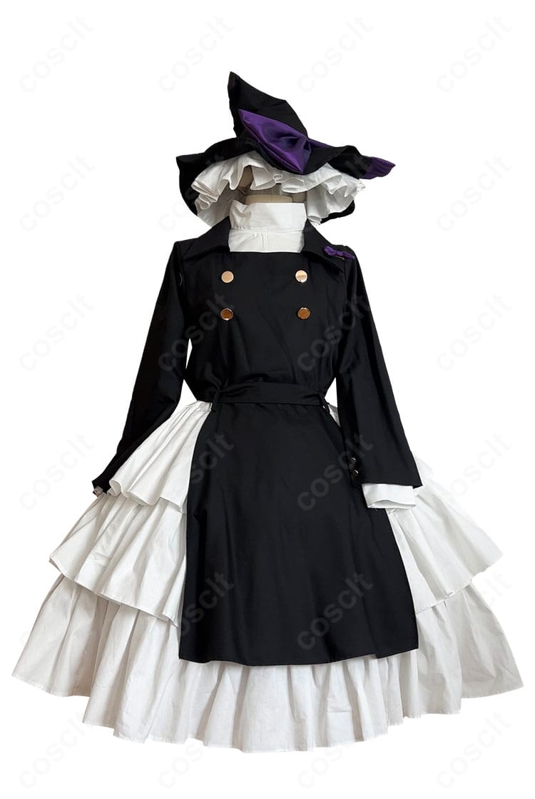 東方Project 霧雨魔理沙 二次創作アレンジ衣装の正面全身。黒×白の可愛いウィッチ風配色と美しいシルエットが分かる商品画像。