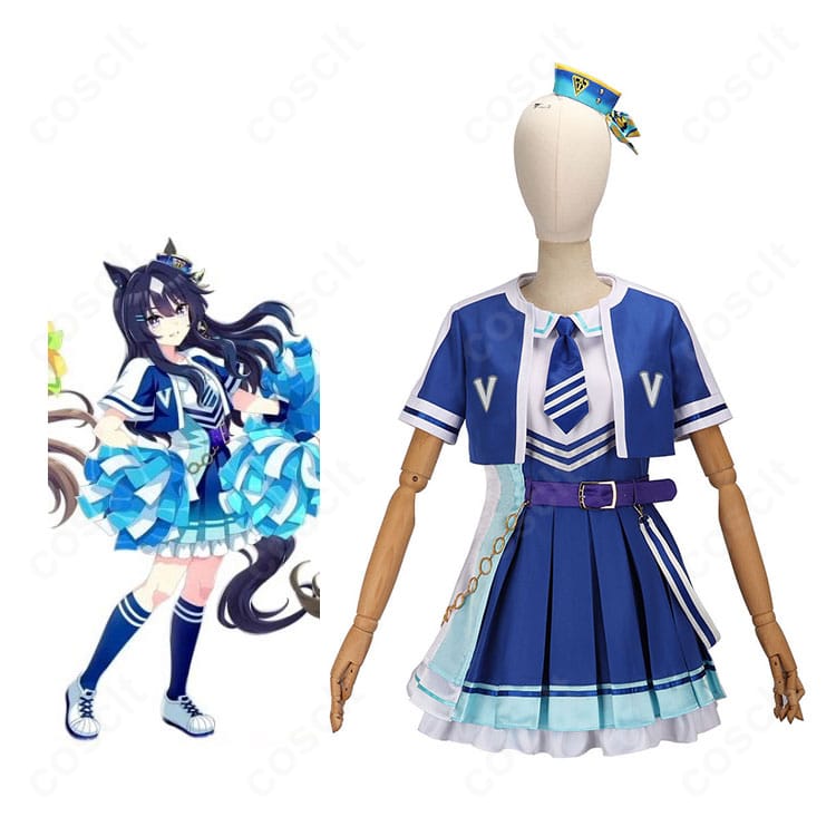 ヴィブロスのトレセン学園制服コスプレ一式。コートとワンピース、ネクタイ、ベルト、髪飾り、腰チェーンのセット内容と全体コーデ例。