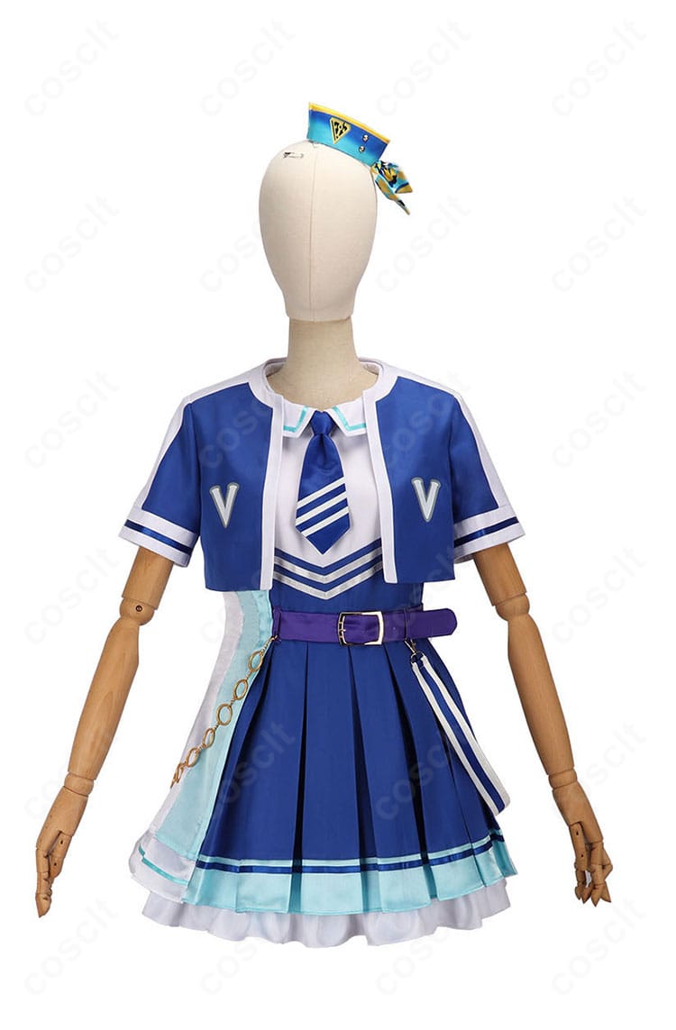ヴィブロス学園制服コスプレの正面全身。コートのライン配色とワンピースのシルエットが分かるフロントビュー。