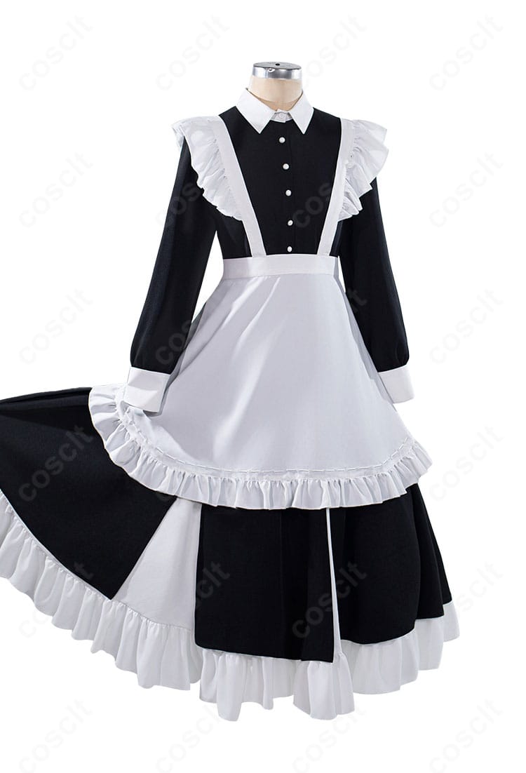 メイド服コスチュームの正面全体。フレアシルエットのワンピースとエプロンのライン、胸元リボンの配置を確認できる画像。