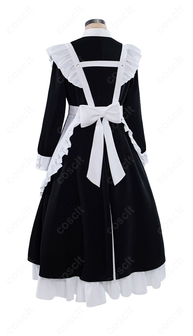 メイド服の背面。後ろ開きの仕様やリボン結び、エプロンのバックスタイルを示すディテール。