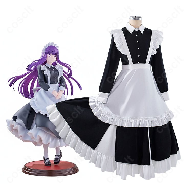 フリーレン／フェルンのメイド服コスプレを着用した全身イメージ。上品なワンピースとエプロン、アクセ一式の雰囲気が分かる人物写真。