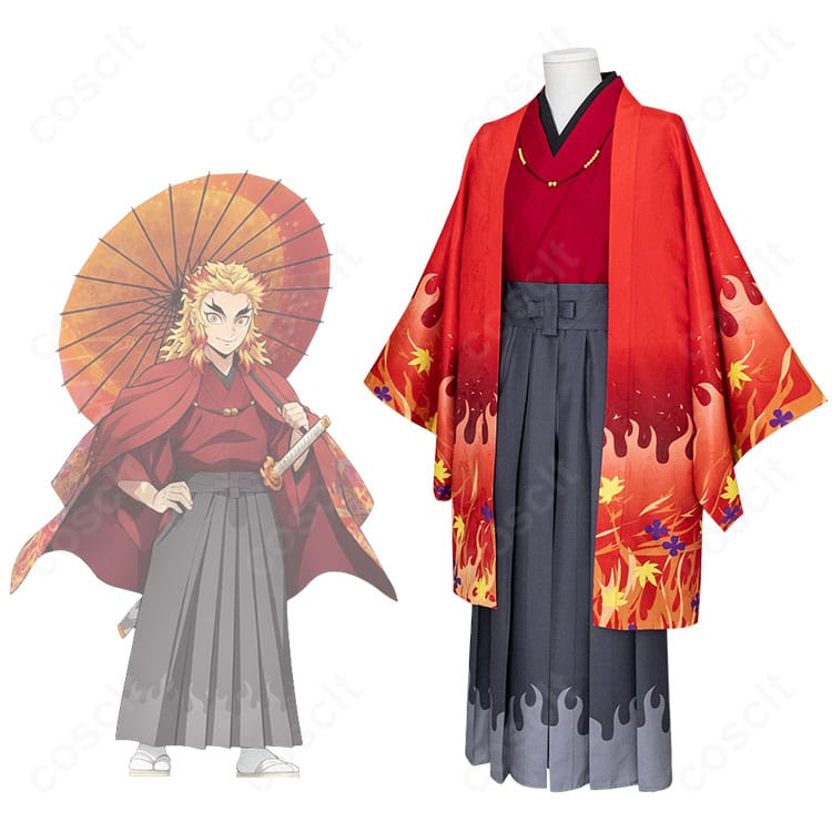 煉獄杏寿郎 京まふ2021和装のフルコーデ着用イメージ。羽織と袴の高コントラスト配色が映える全身画像。