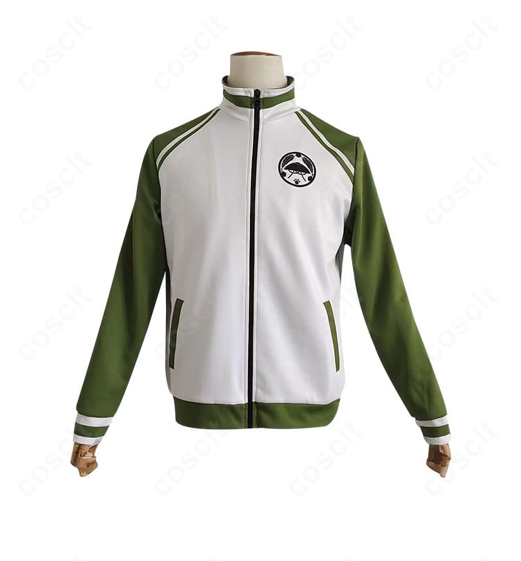 上着フロント装飾の拡大。配色ラインと胸元周辺の仕立てが分かるクローズアップ。