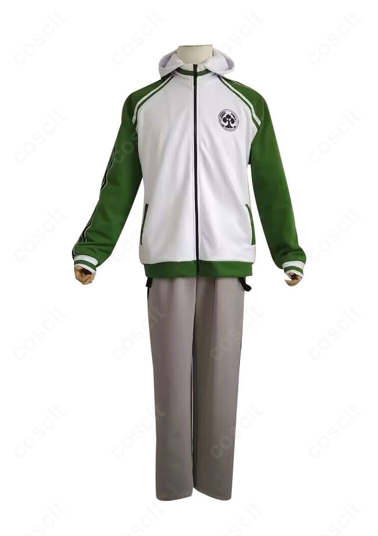 桑名江 内番ジャージの上着とズボンの正面全体。シルエットと前開き仕様、配色ラインを確認可能。