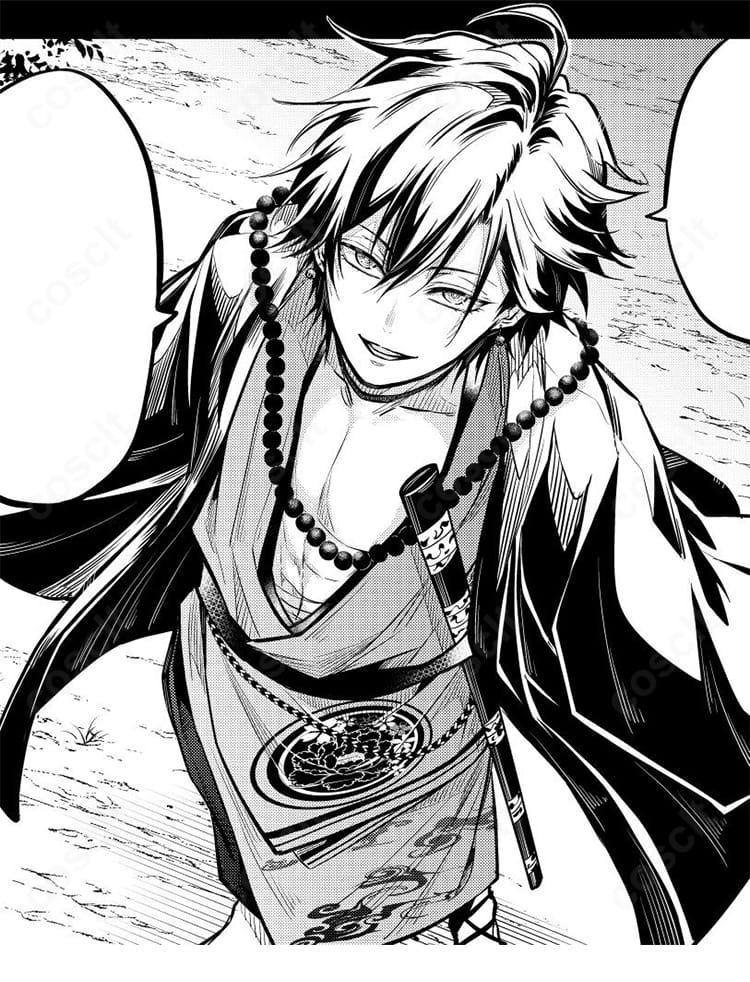 花山文月の漫画風ビジュアルアートを背景に、衣装デザインのモチーフと世界観を示す参考イメージ