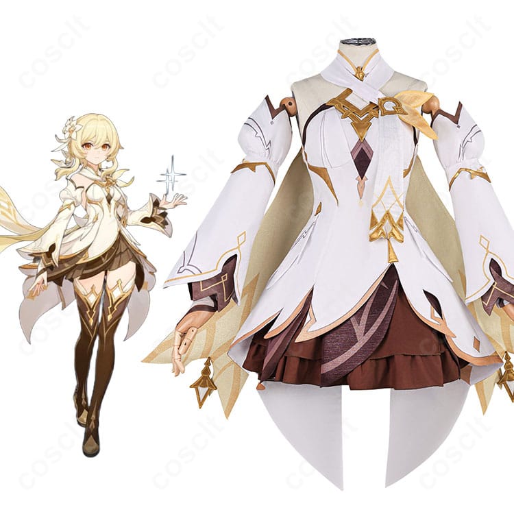 原神 旅人 蛍「真実の月」コスプレ一式を着用した全身イメージ。首・腰・背飾りの立体装飾まで再現。