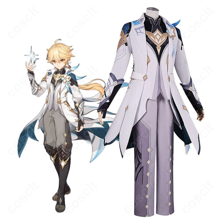 原神 旅人・空のコスプレ衣装一式を着用した正面スタイル。白と金の配色とコートのシルエットを高再現。